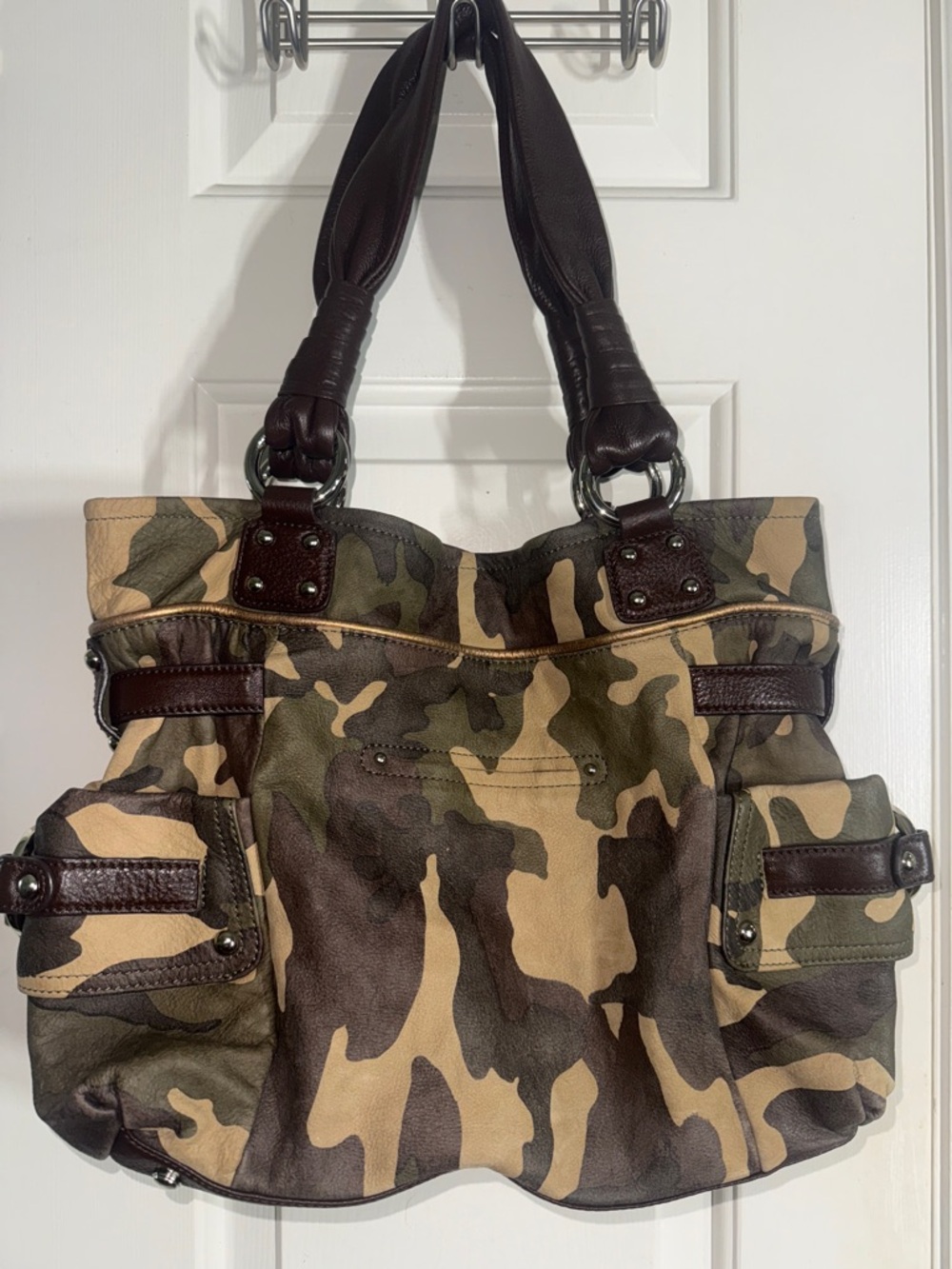 B Makowsky Brown Beige Camo Leather Purse Satchel Kimberly Large Shoulder Bag - Picture 6 of 10